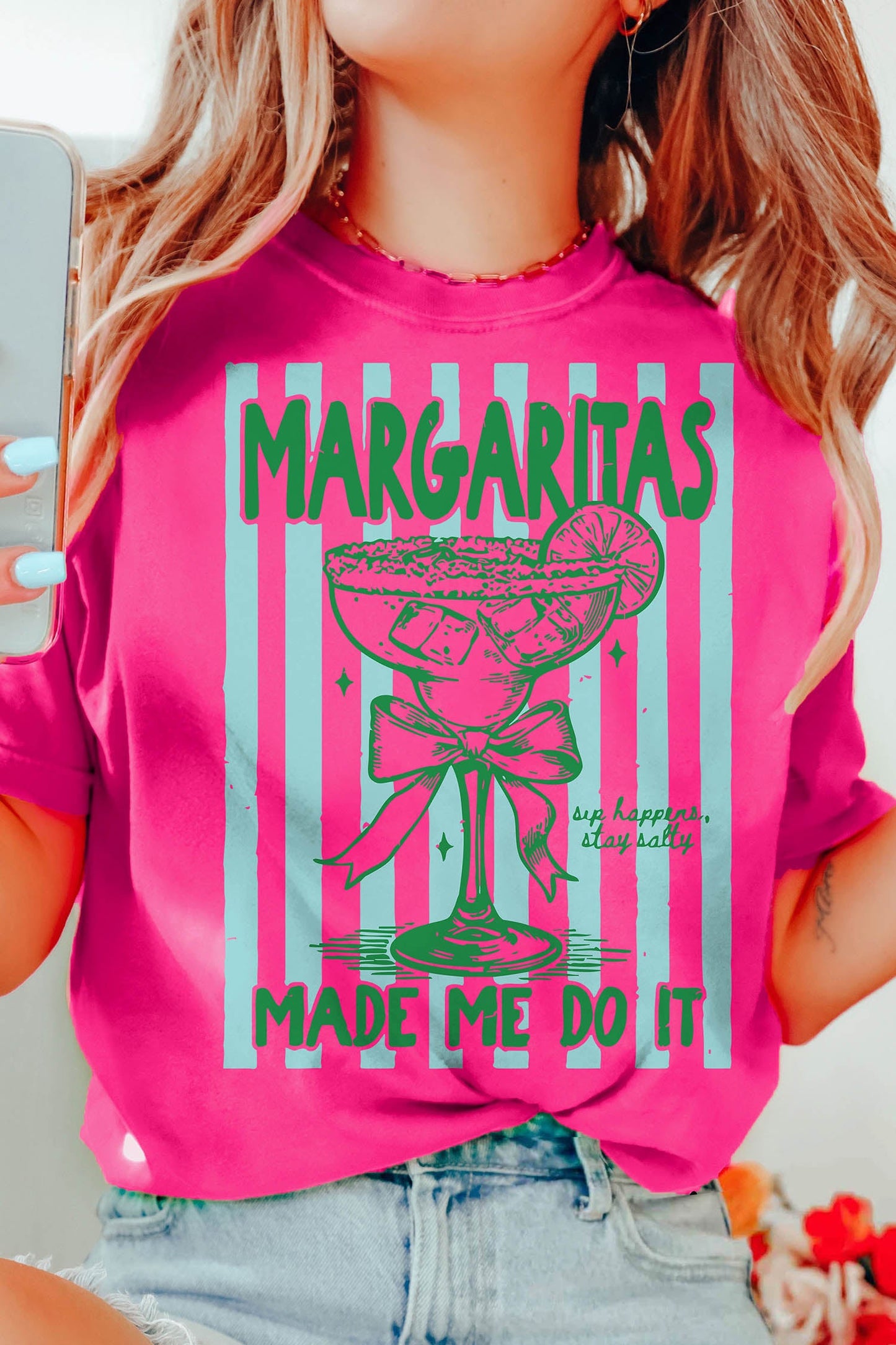 Rose Red Margaritas Made Me Do It Striped Graphic Beach Vacation Tee - Loving It Shop