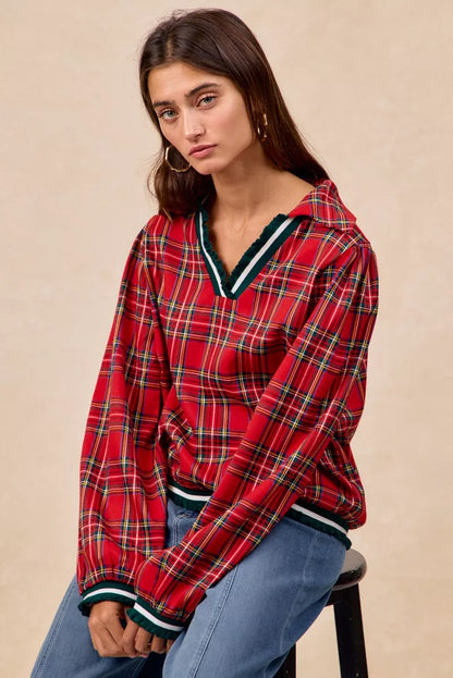 Christmas Plaid Collared Top with Ruffled Detail