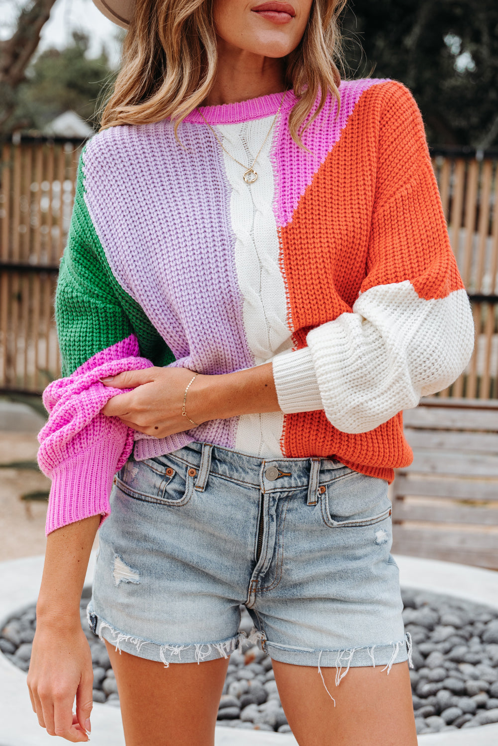 Desert Gold Color Block Textured Knit Drop Shoulder Loose Fit Sweater