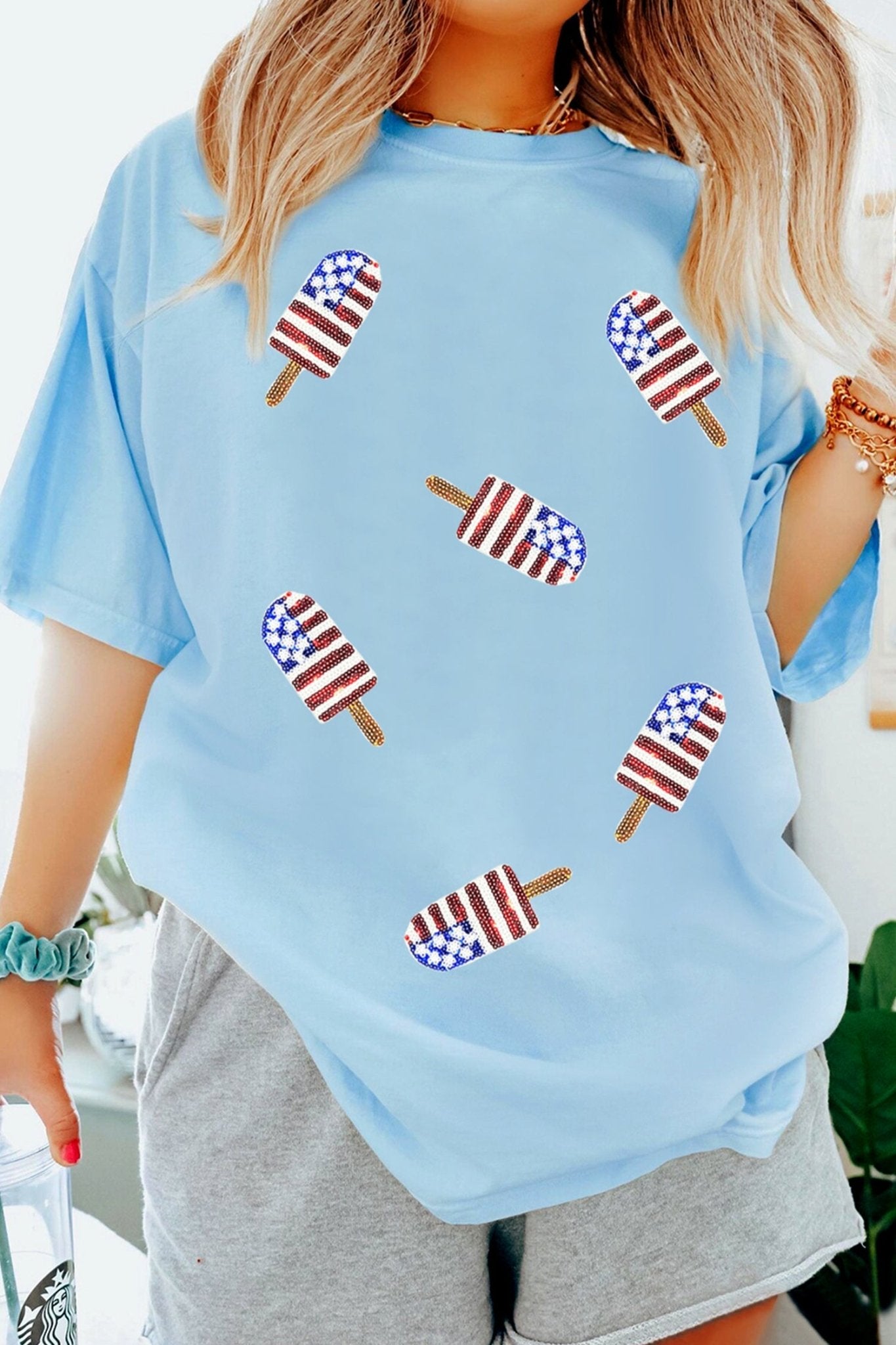 Light Blue Patriotic Sequin Popsicle T Shirt - Loving It Shop