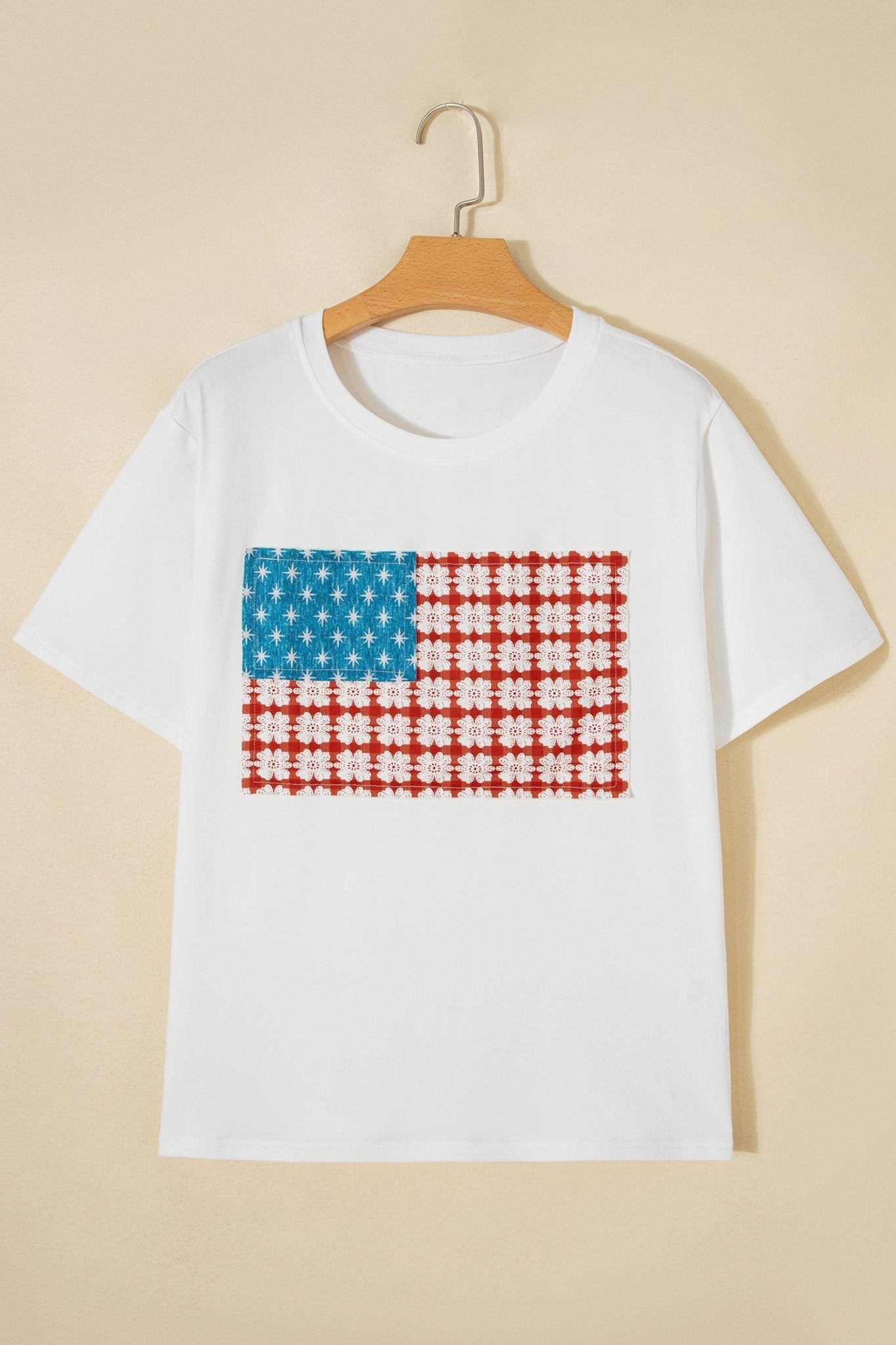 White Fancy Embroidered Patch Flag Casual T Shirt - Loving It Shop
