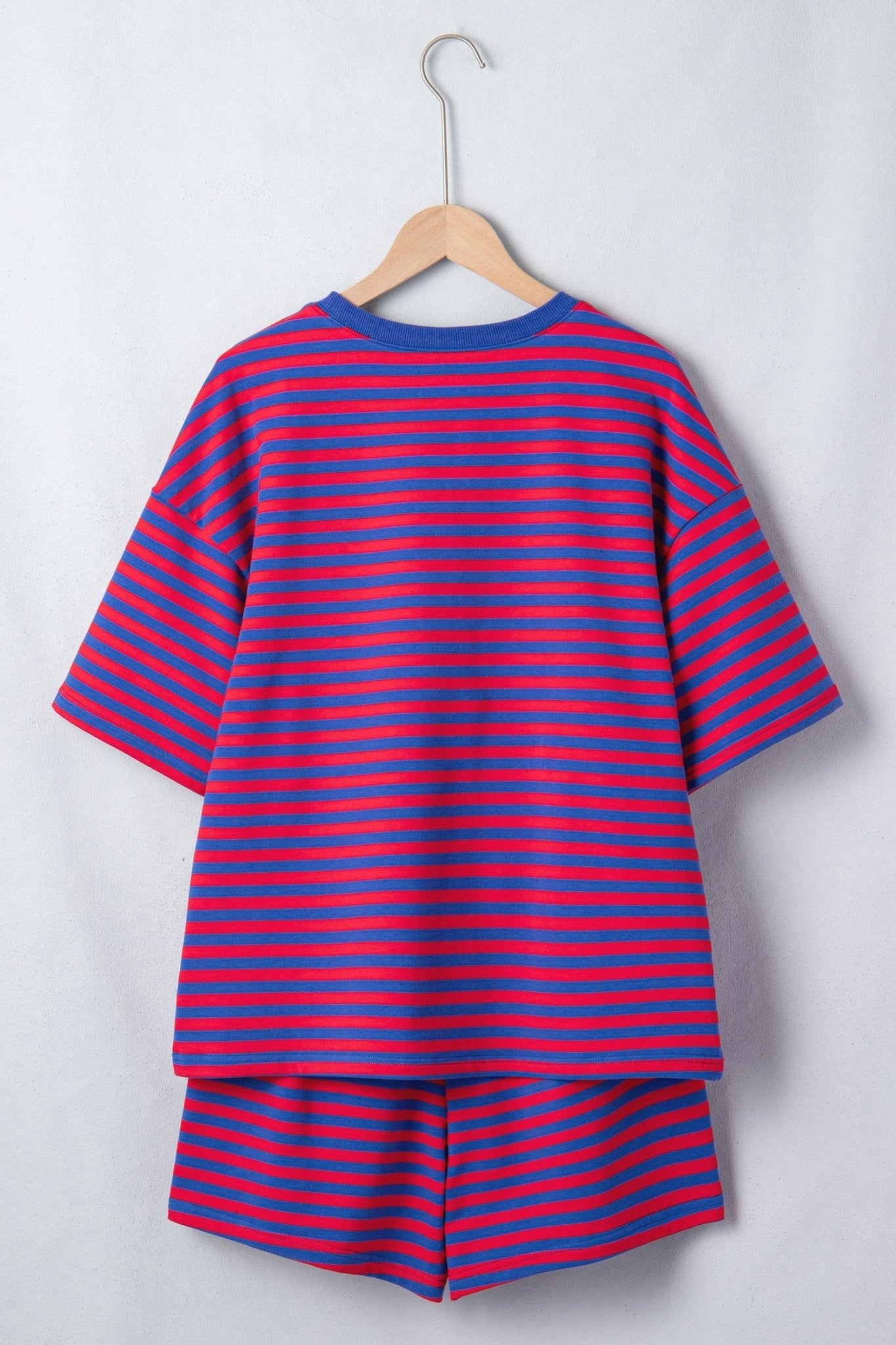 Navy Stripe Striped Ribbed Cotton Two - Piece Short Set with Chest Patch Detail - Loving It Shop