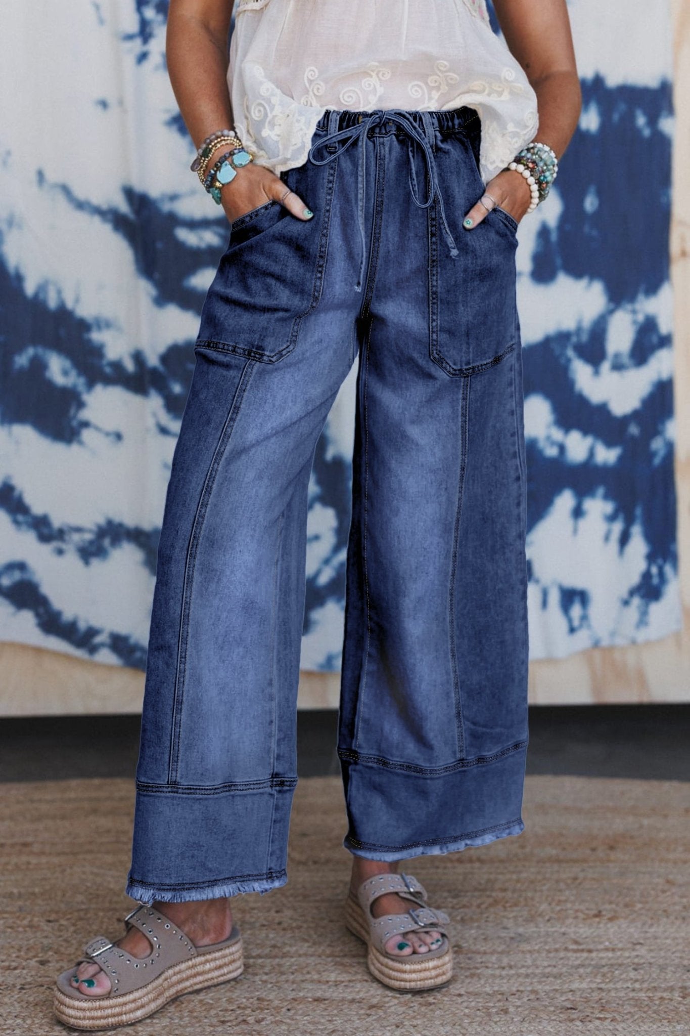 Prussian Blue Drawstring Seam Detail Raw Hem Wide Leg Denim Pants - Loving It Shop