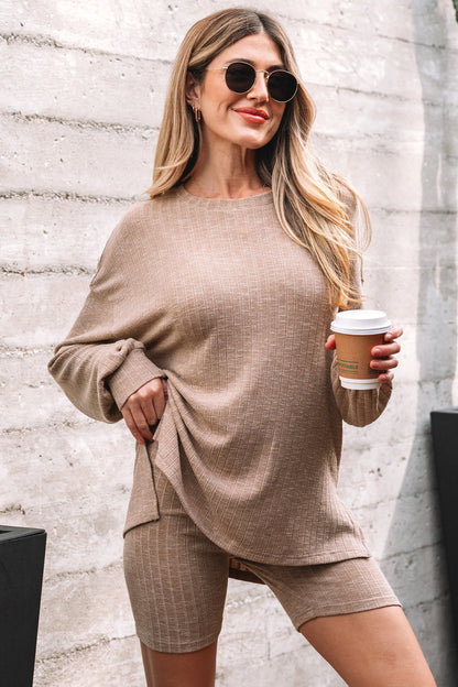Dark Khaki Ribbed Balloon Sleeve Pullover Top and Biker Knitted Short Set