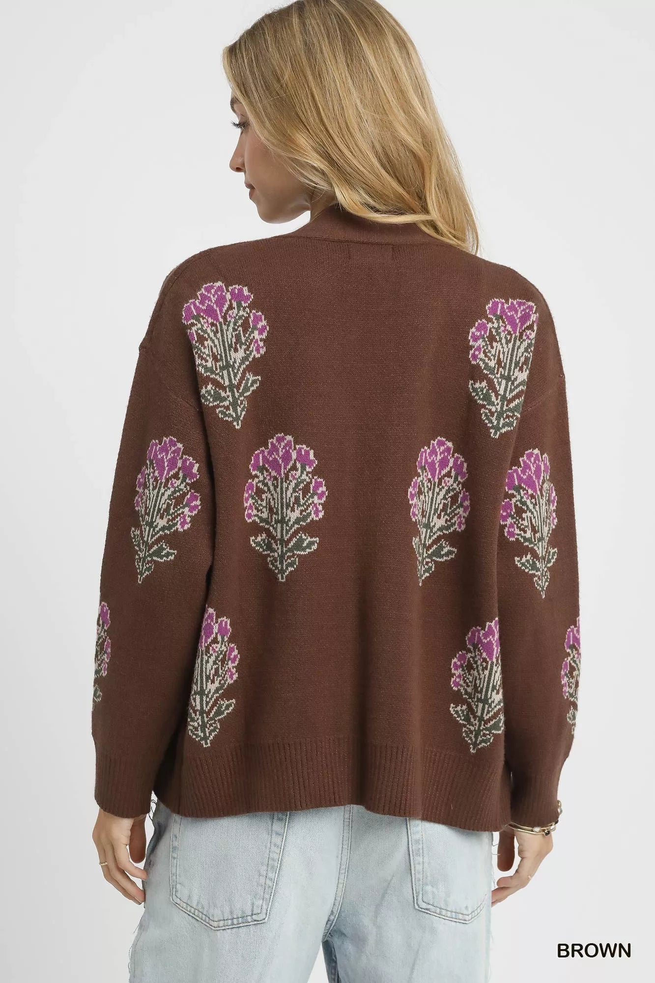Single Flower Stem Jacquard Cardigan Sweater