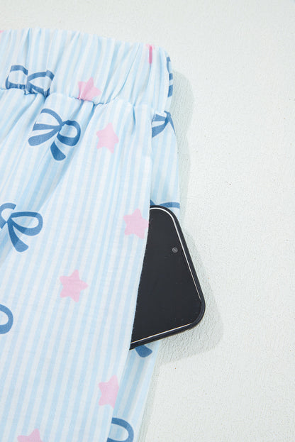 Sky Blue Stripe Bow Star Print Tied Detail 2pcs Lounge Set