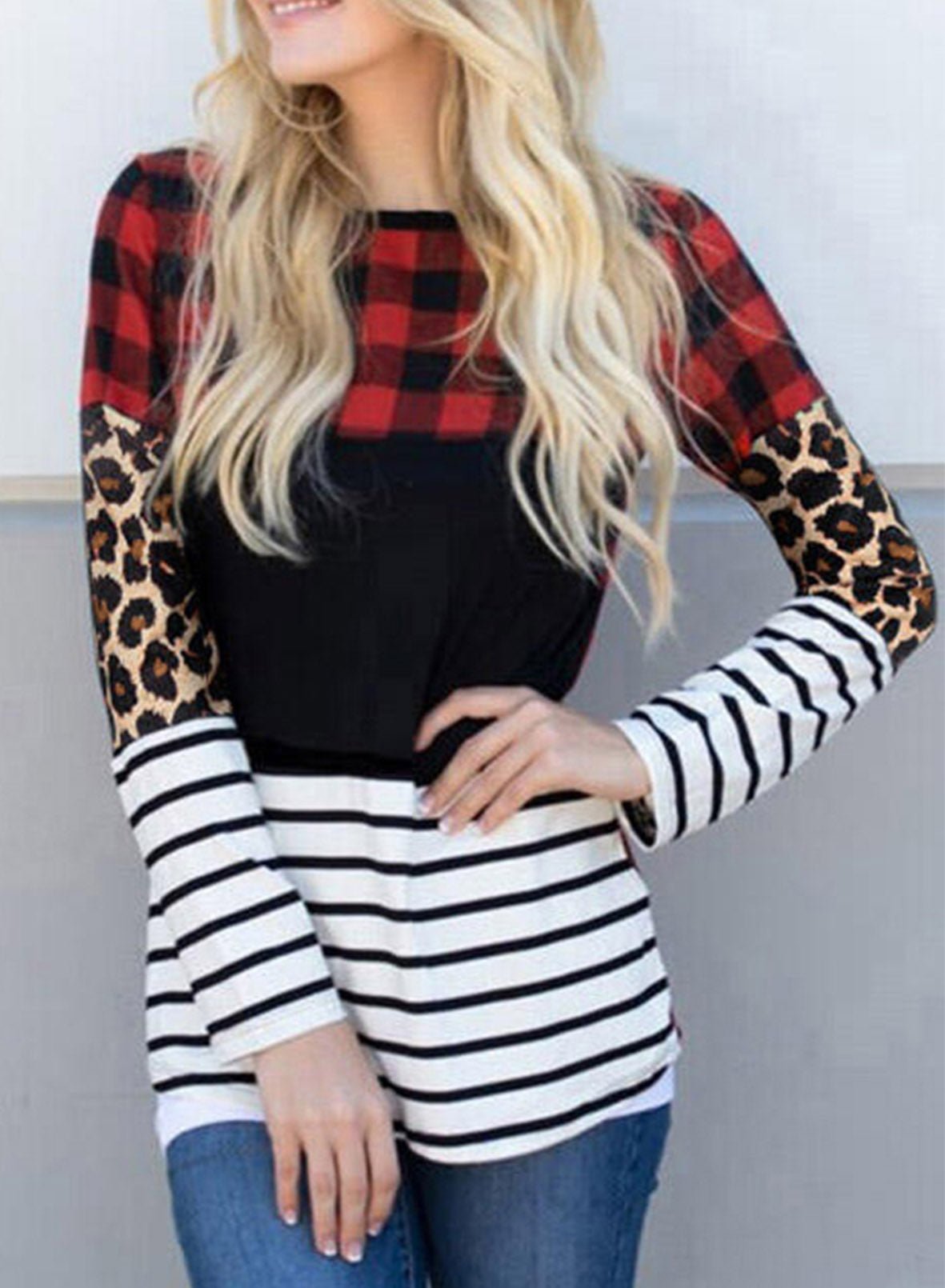 Plaid Print Leopard Splicing Striped Color Block Long Sleeve Top - Loving It Shop