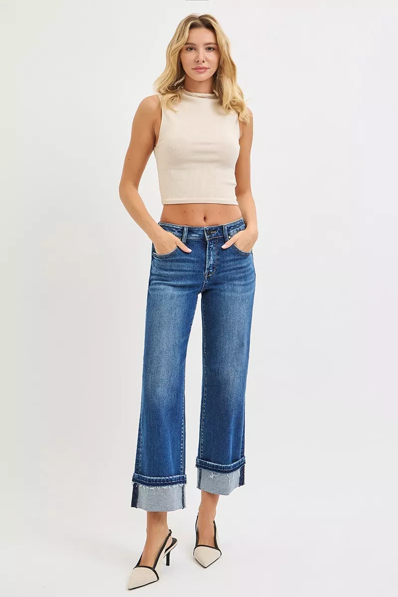 Mid Rise Ankle Straight Jeans with Cuffed Hem