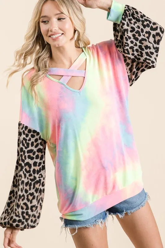 Tie Dye Terry Top with Leopard Puff Sleeves