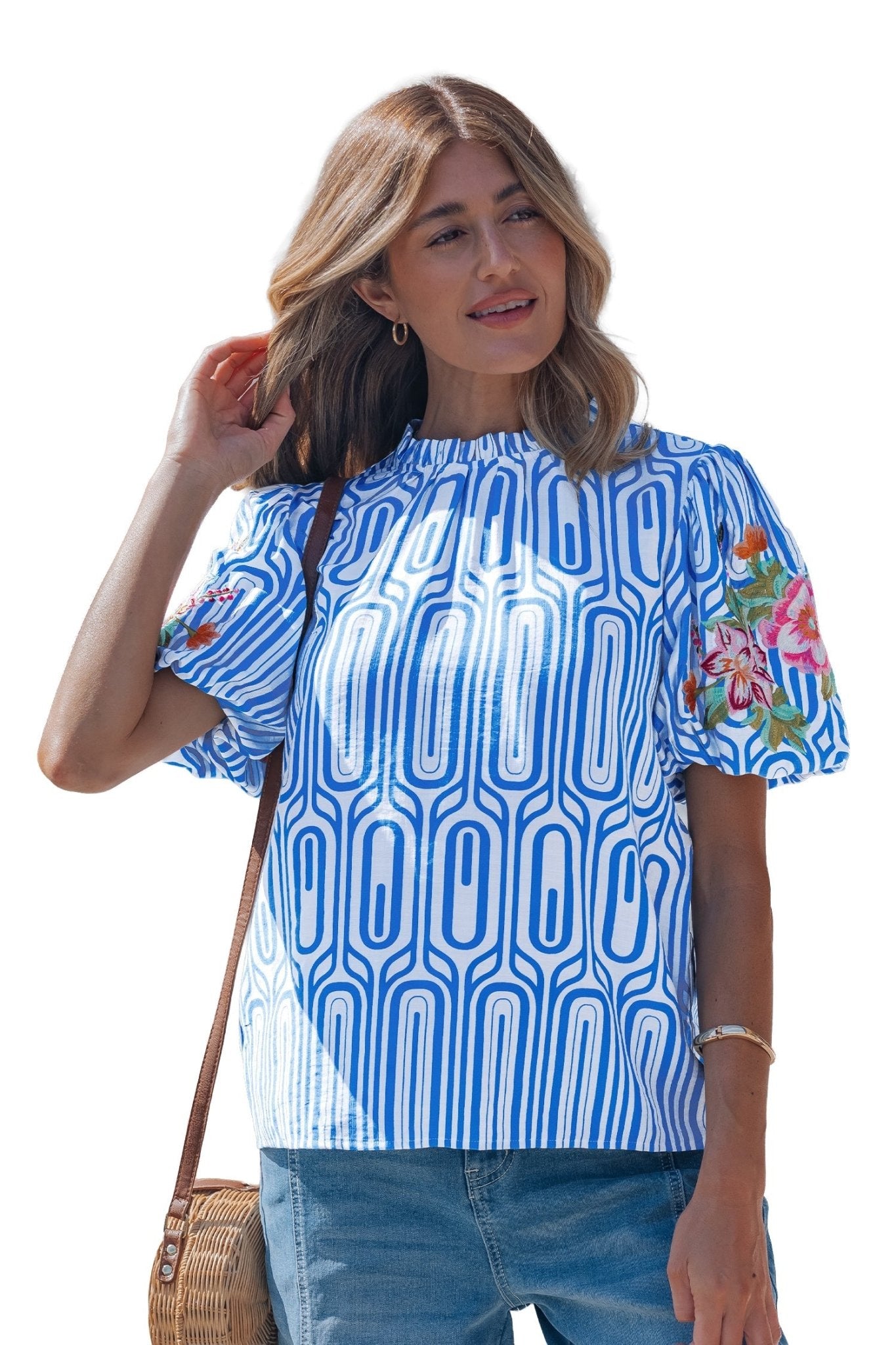 Sky Blue Unique Geometry Print Floral Embroidered Puff Sleeve Blouse - Loving It Shop
