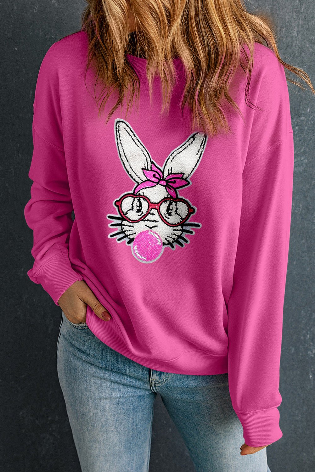 Bonbon Bubble Gum Rabbit Sequin Graphic Drop Shoulder Sweatshirt - Loving It Shop