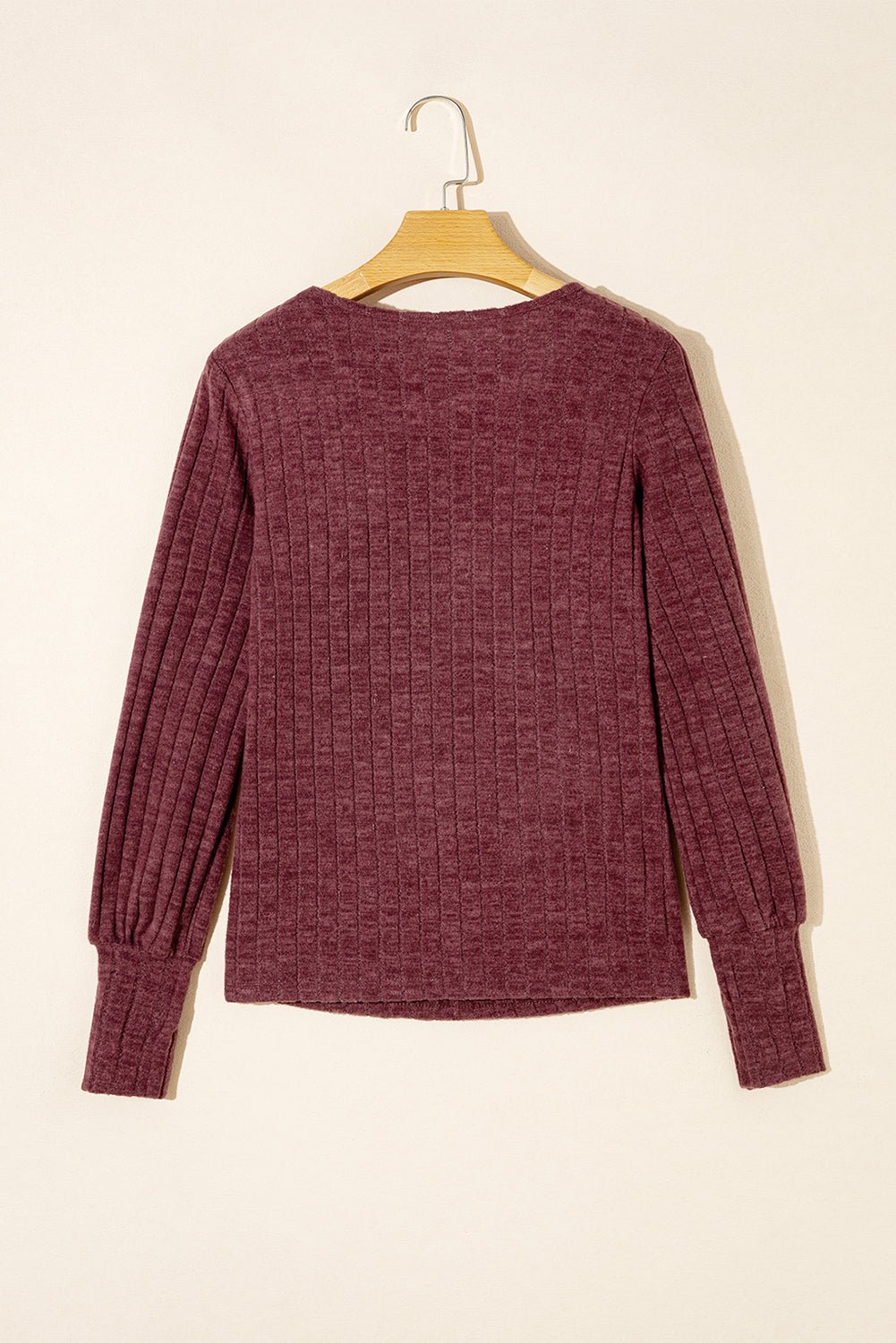 Mineral Red Ribbed Bishop Sleeve Round Neck Top - Loving It Shop