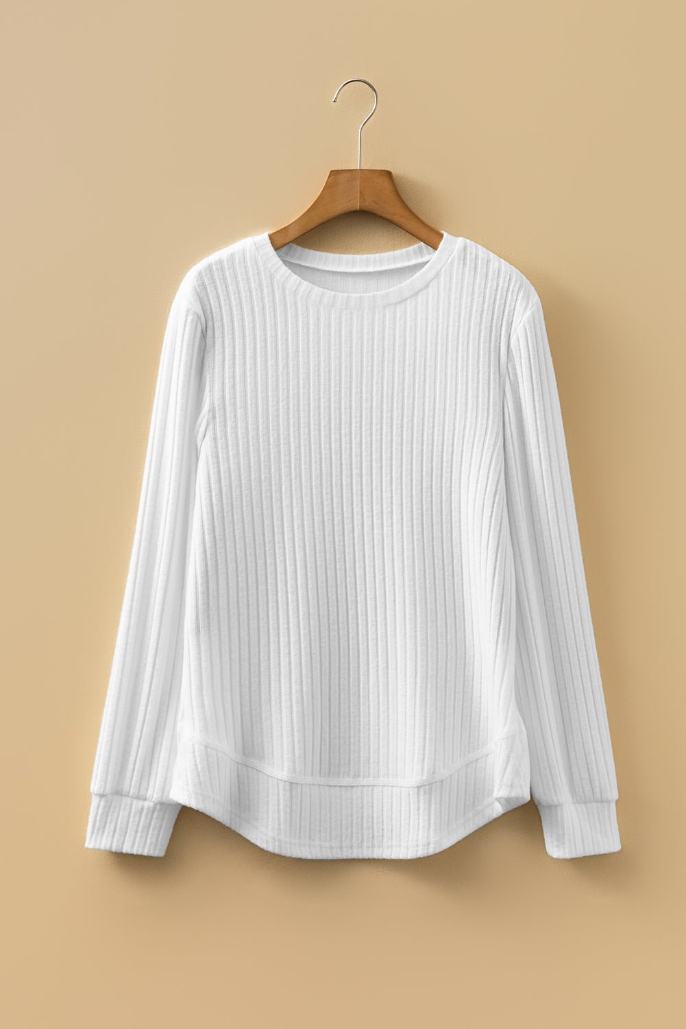 White Ribbed Texture Round Neck Long Sleeve Rounded Hem Knit Top - Loving It Shop