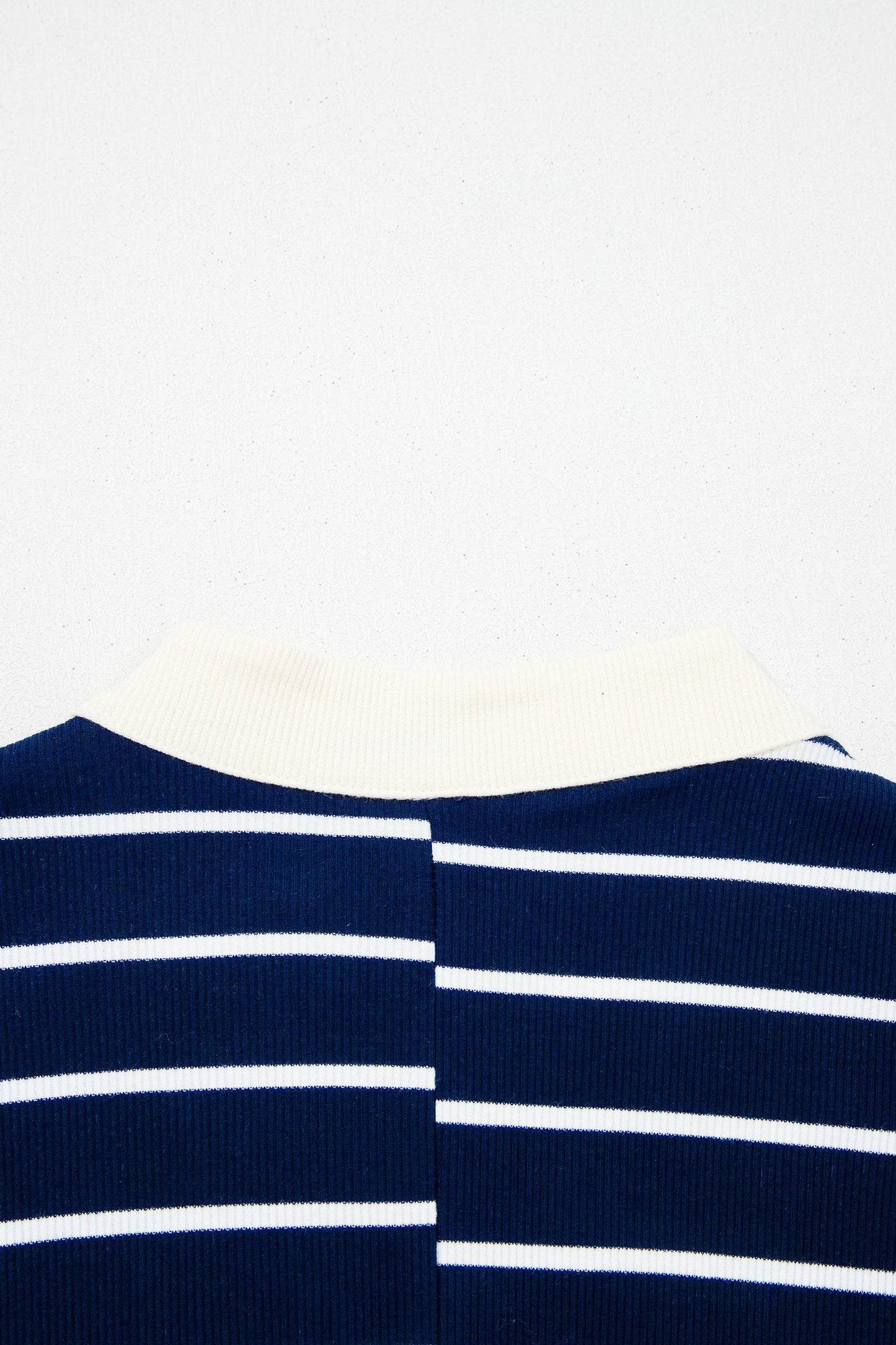 Blue Stripe Stand Collar V Neck Elastic Cuffs Half Sleeve Dolman Top