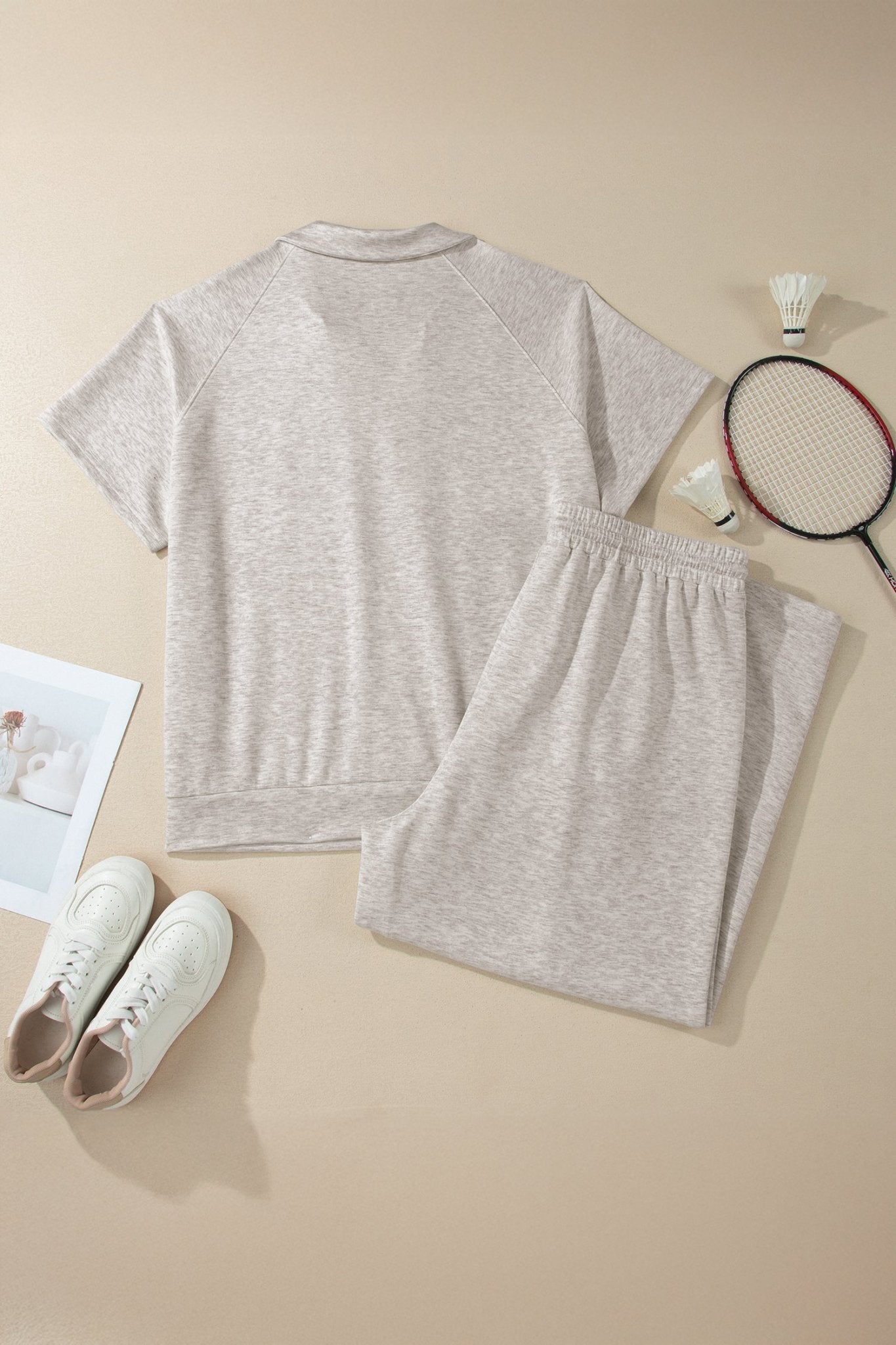 Light Grey Plus Size V Neck Polo Tee Drawstring Loose Pants 2pcs Set - Loving It Shop