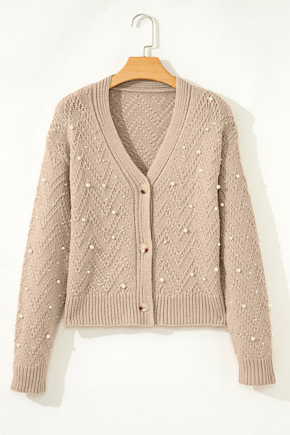 Smoke Gray Pearl Embellished Button Front V Neck Sweater Cardigan