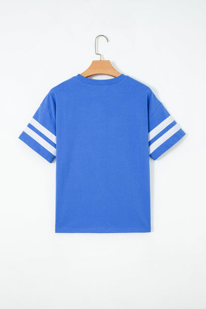 Dark Blue Varsity Striped Short Sleeve Crew Neck T Shirt - Loving It Shop