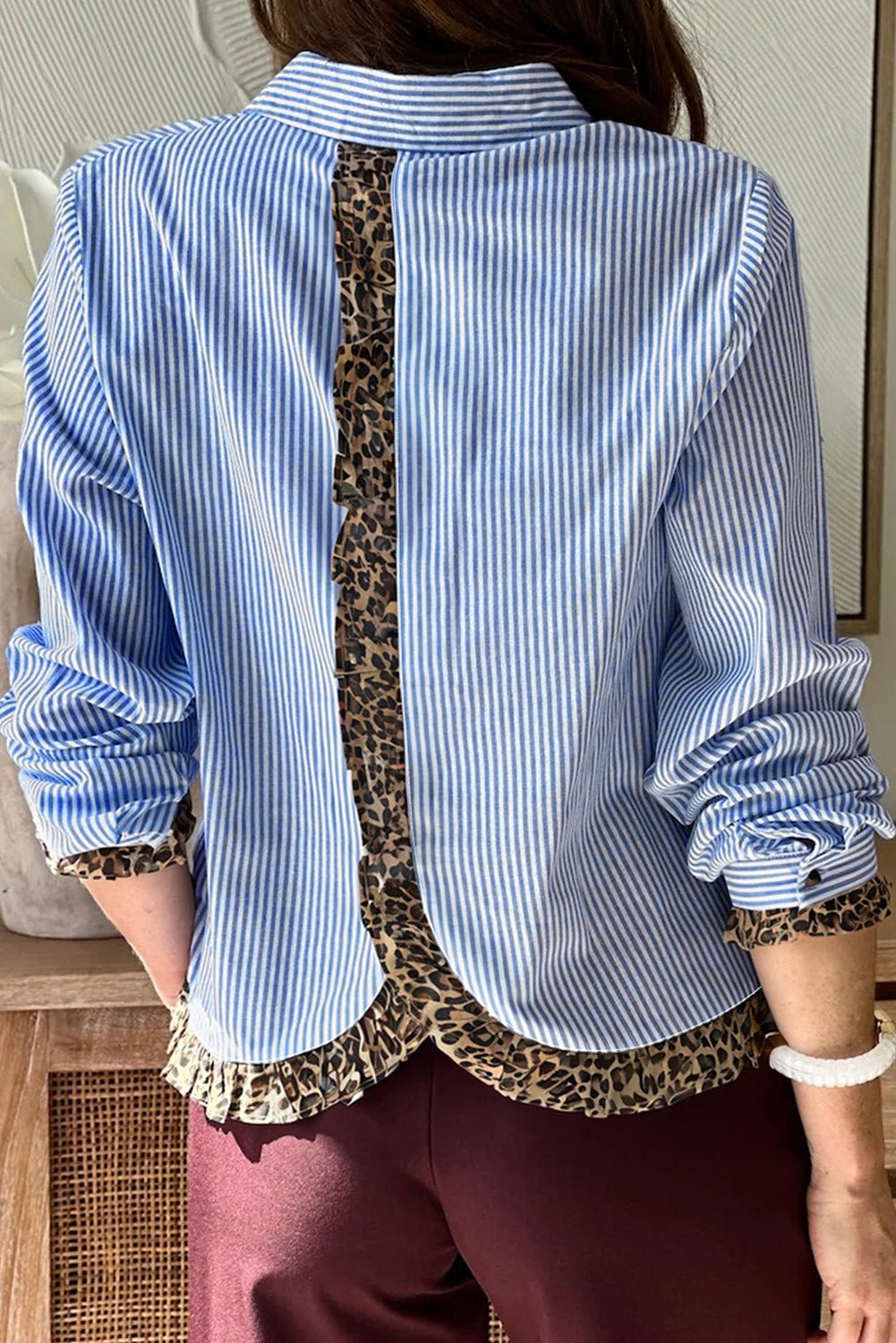 Sky Blue Stripe Contrast Frilled Leopard Trim Casual Long Sleeve Shirt - Loving It Shop