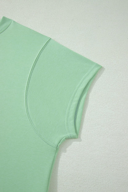 Clearly Aqua Solid Color Ribbed Trim Short Sleeve Top Drawstring Loose Pants 2pcs Outfit