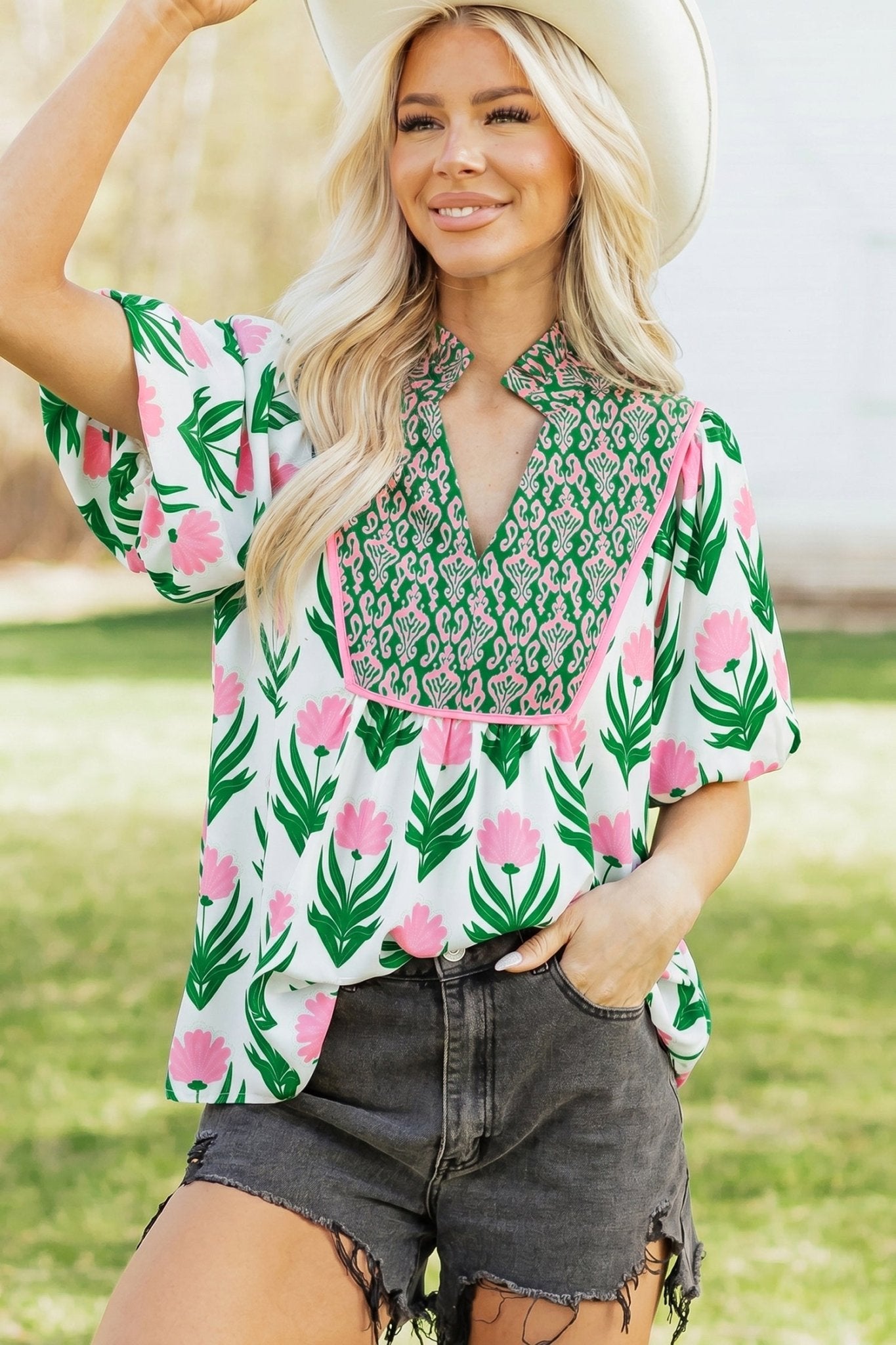 Multicolour Floral Print Puff Sleeve Contrast Bordered V Neck Blouse - Loving It Shop
