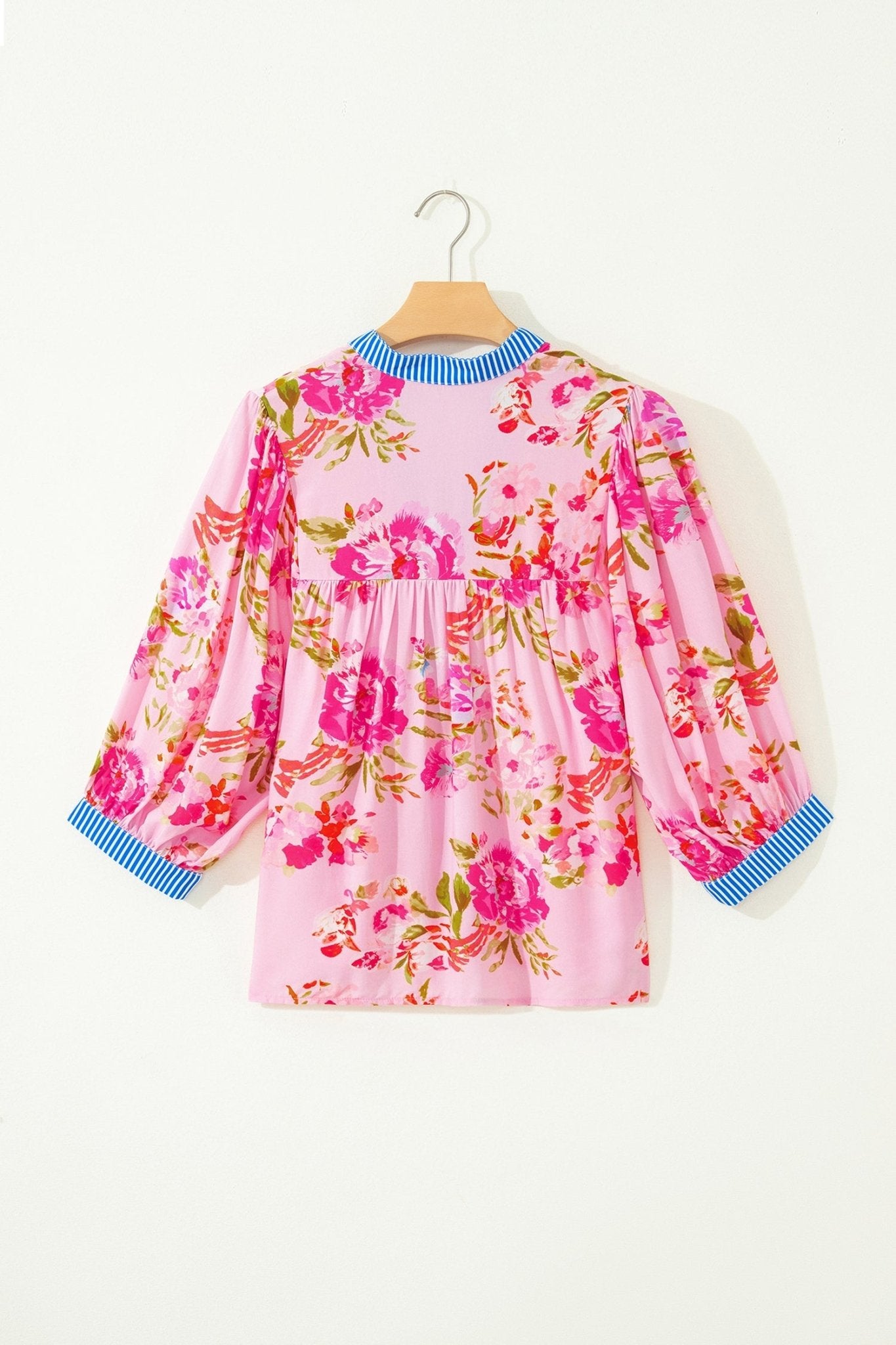 Multicolour Floral Half Sleeve Striped Trim V Neck Blouse - Loving It Shop