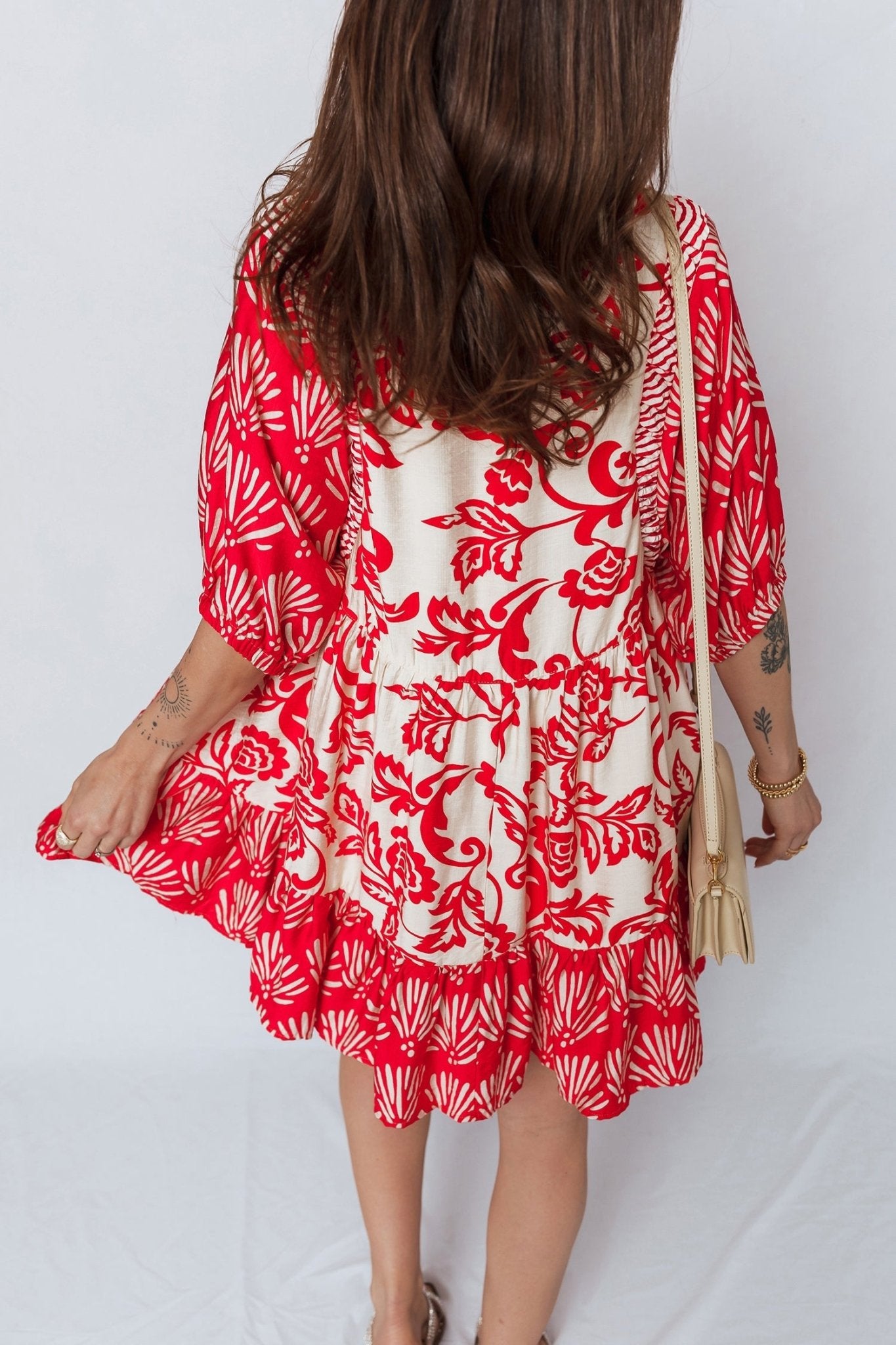 Red Collared V Neck Half Sleeve Loose Flower Mini Dress - Loving It Shop