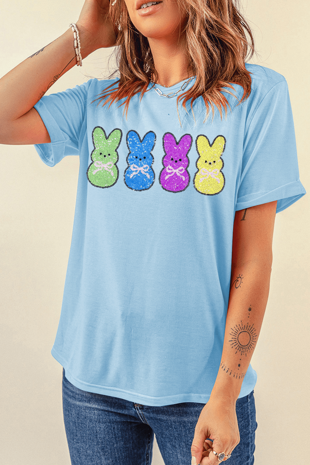 Light Blue Sequin Bunny Doll Graphic Casual T Shirt - Loving It Shop