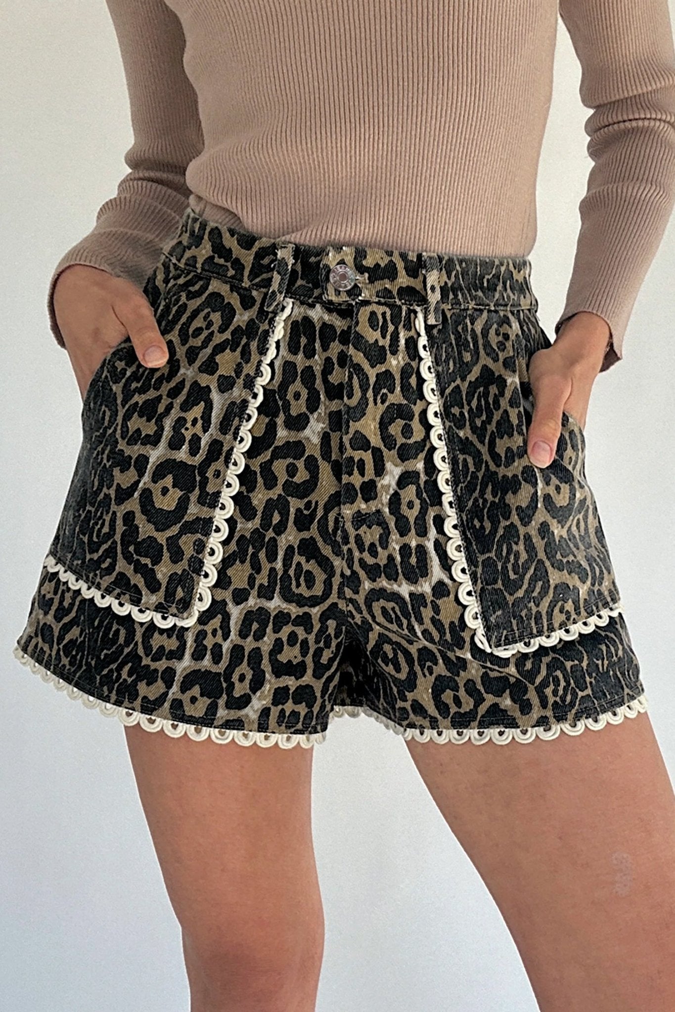 Khaki Contrast Scalloped Lace Trim Leopard Denim Shorts - Loving It Shop