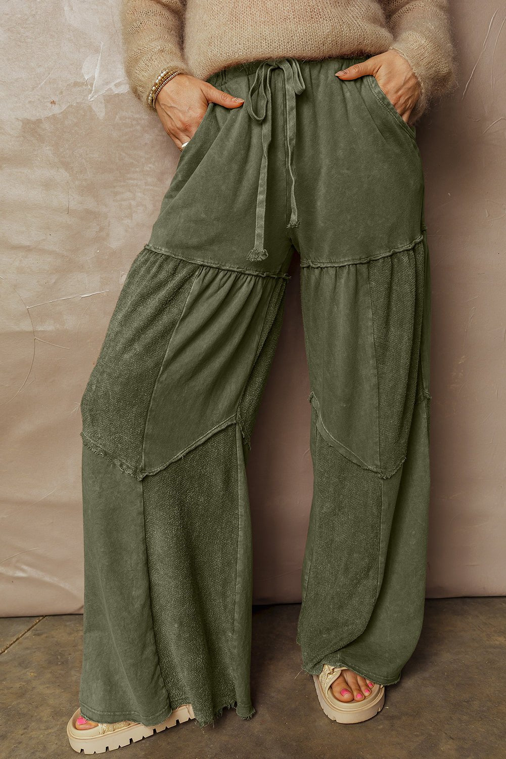 Vineyard Green Mineral Wash Tiered Wide Leg Patchwork Drawstring Pants - Loving It Shop