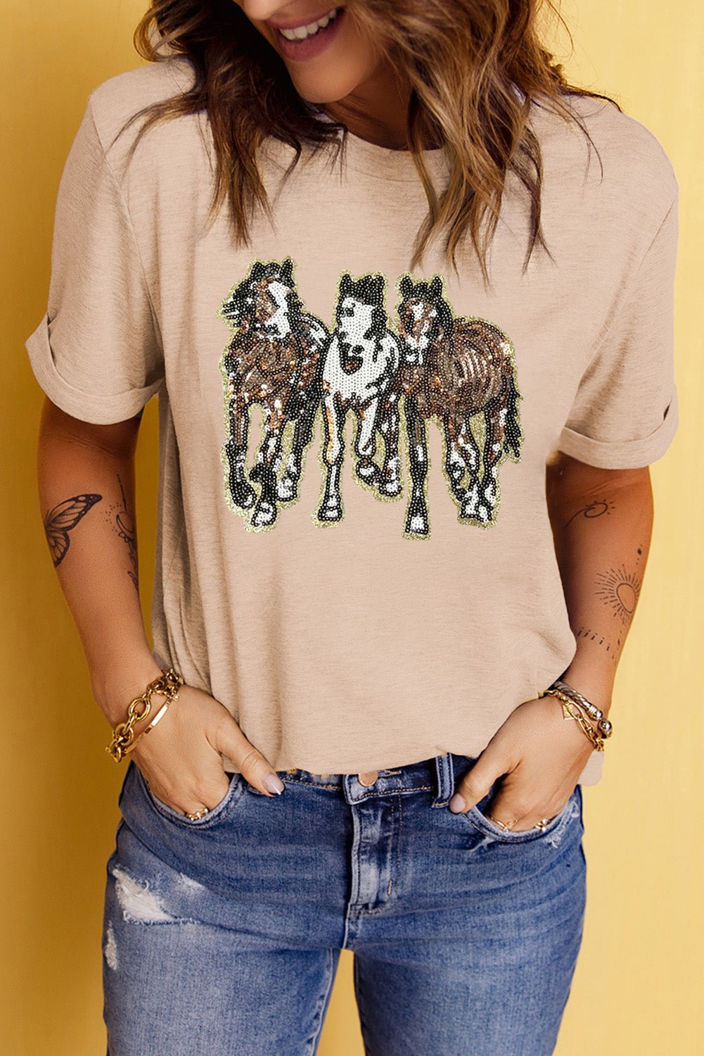 Khaki Sequin Horses Patched Casual Crewneck T Shirt - Loving It Shop