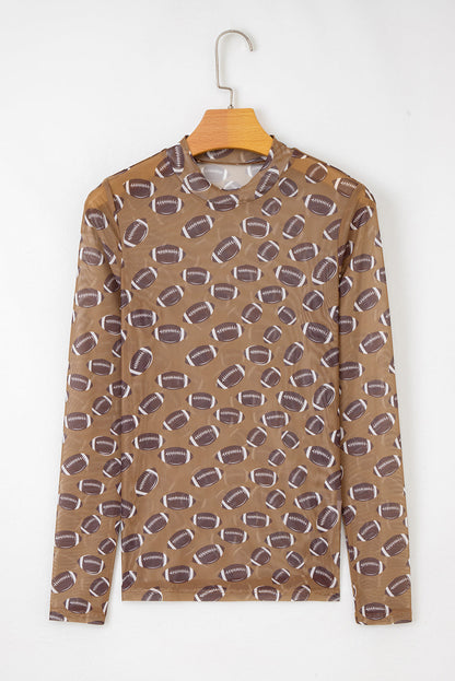 Brown Game Day Rugby Mesh Sheer Long Sleeve Top