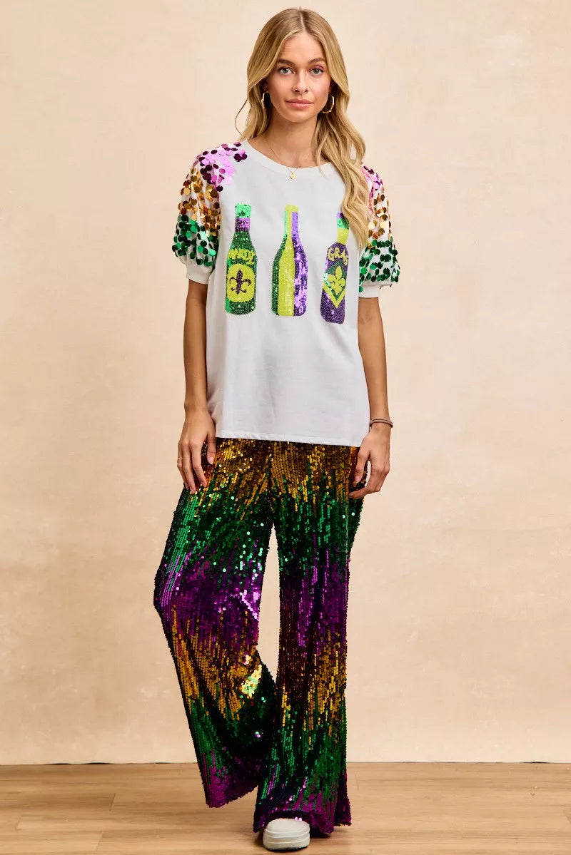 Sequin Mardi Gras Bottles Spangled Sleeve Top