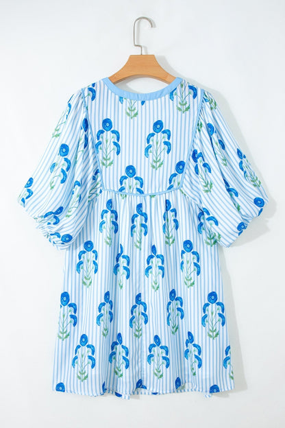 Sky Blue Floral Striped Print Tie Notched Neck Puff Sleeve Flared Mini Dress - Loving It Shop