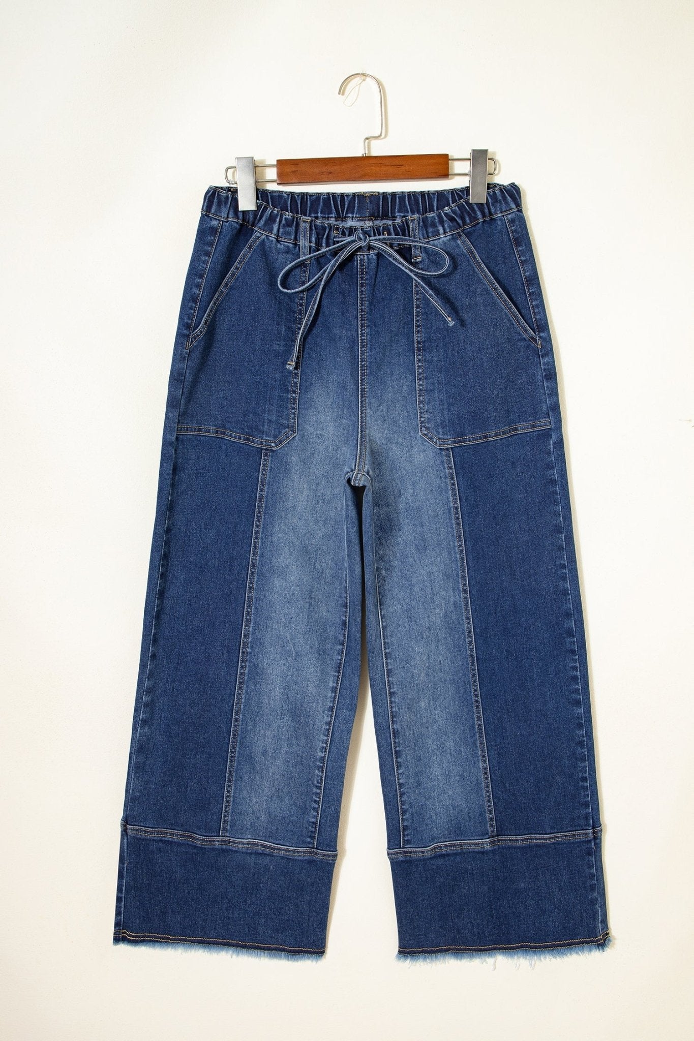 Prussian Blue Drawstring Seam Detail Raw Hem Wide Leg Denim Pants - Loving It Shop