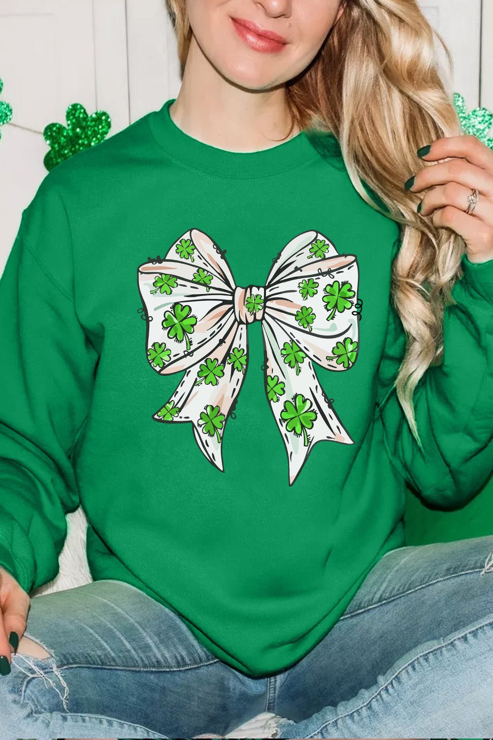 Dark Green St Patricks Clover Bow Printed Drop Shoulder Sweatshirt - Loving It Shop