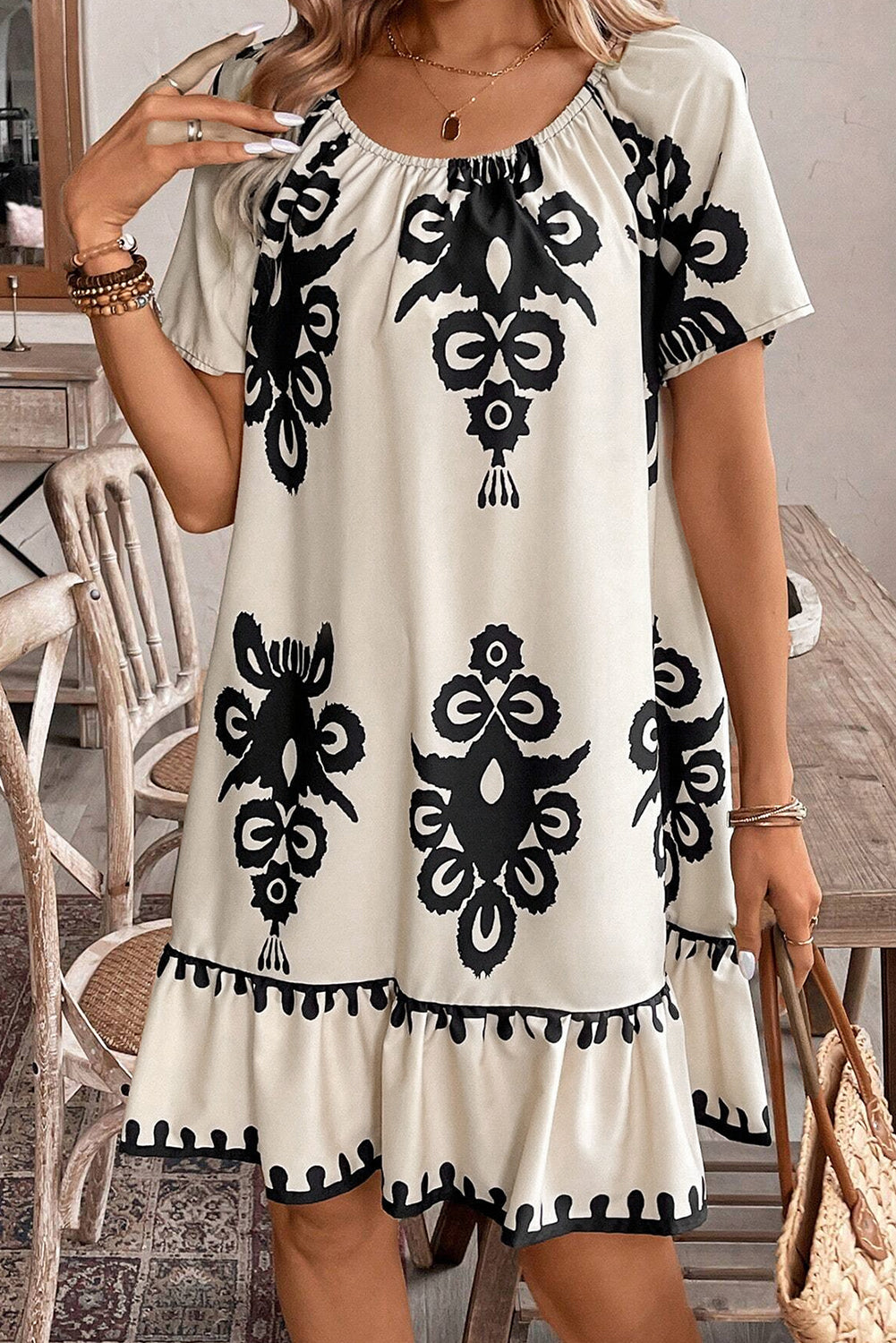 Print Ruffled Short Sleeve Loose Dress