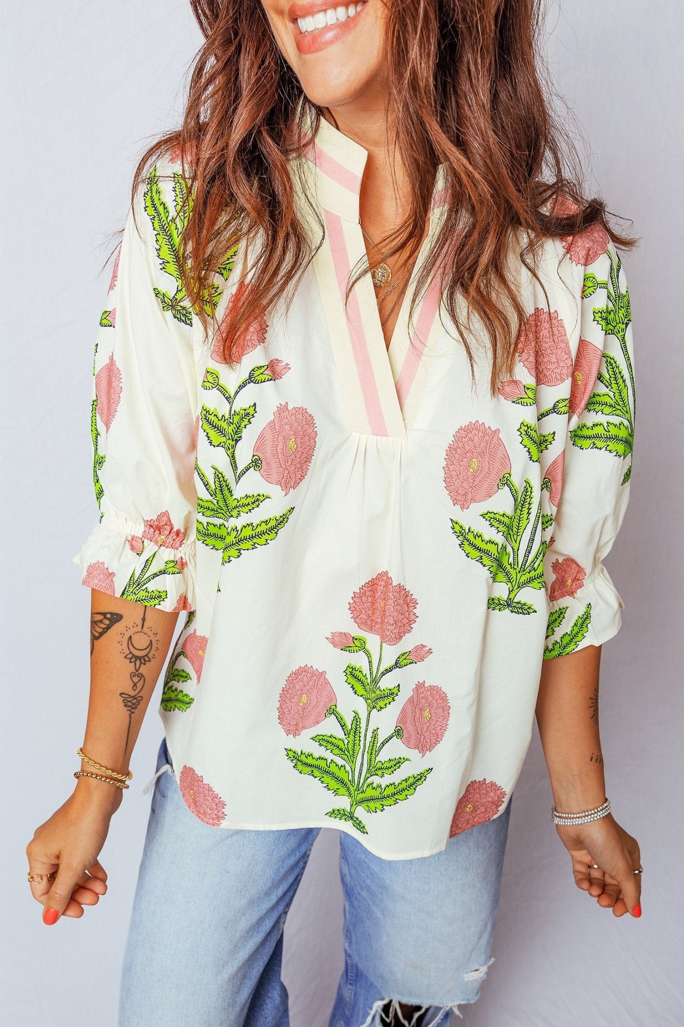 Casual Wild Flower Print V Neck 3/4 Sleeve Blouse - Loving It Shop