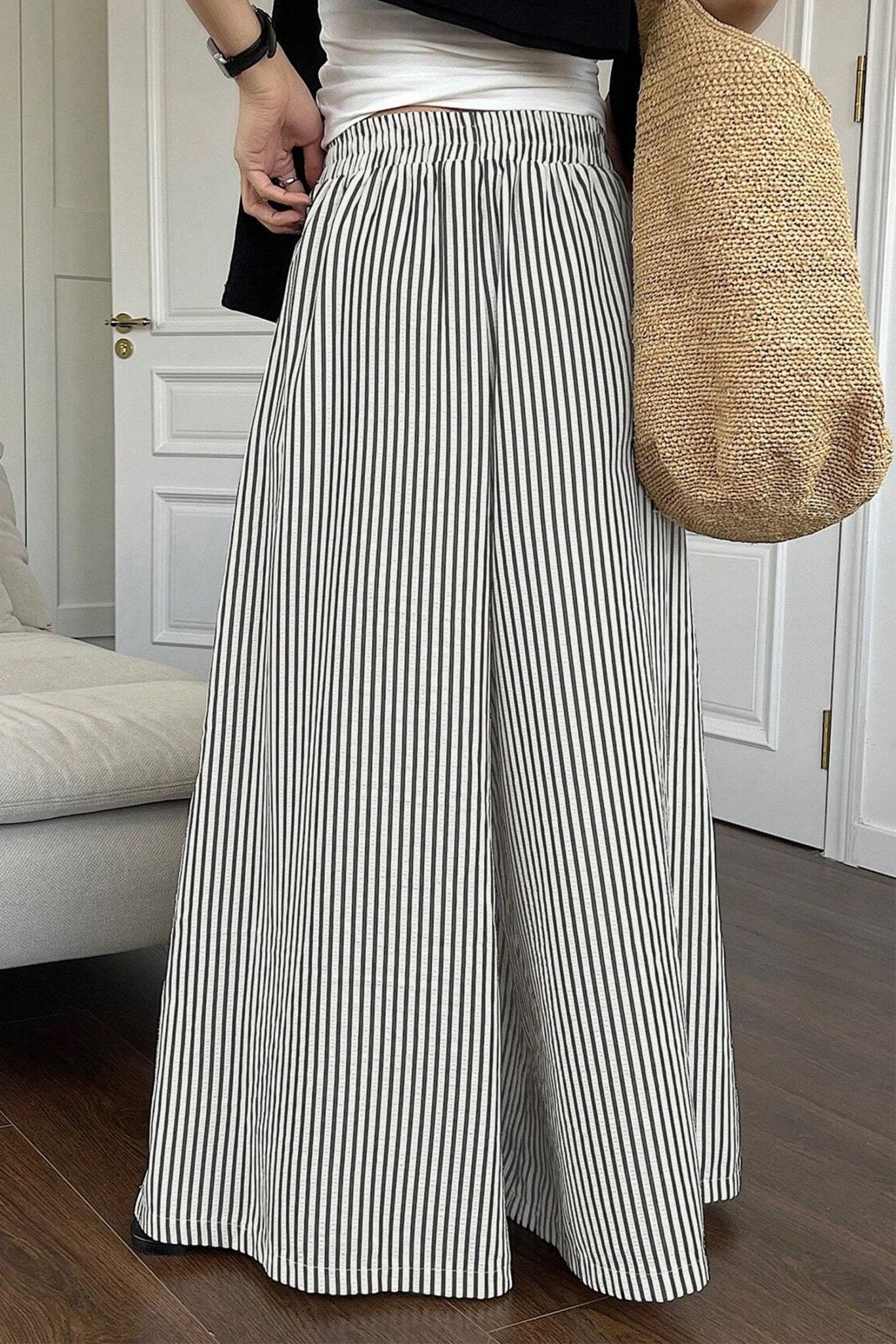 Black Stripe Elastic Waist Ultra Wide Leg Pants - Loving It Shop