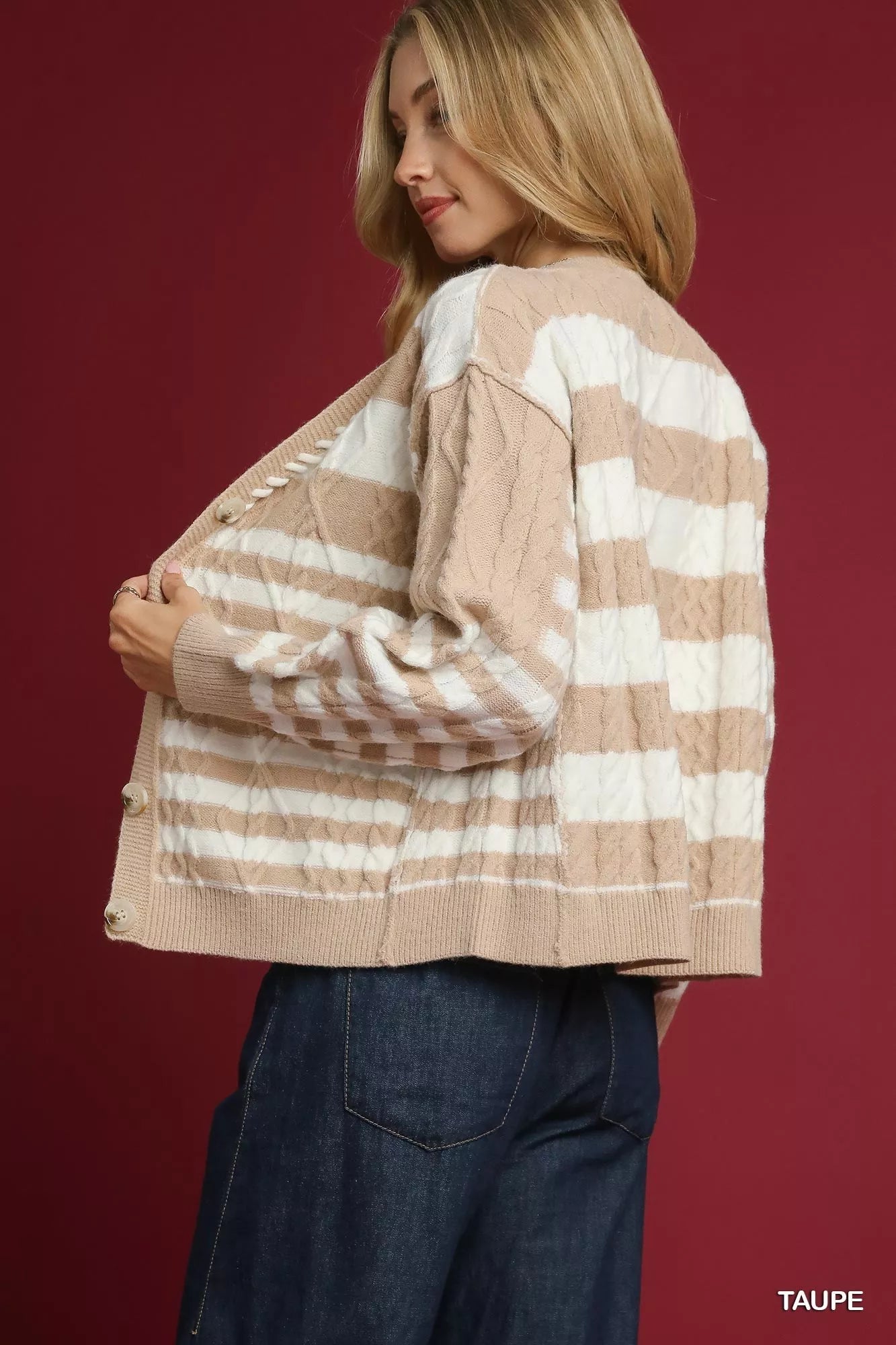 Cable-Knit Stripe Button-Up Cardigan