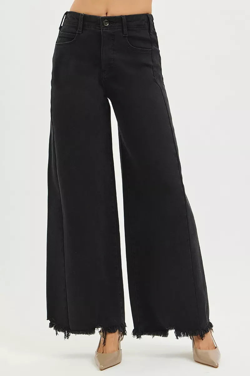 Tummy Control High Rise Palazzo Leg Frayed Hem Jeans