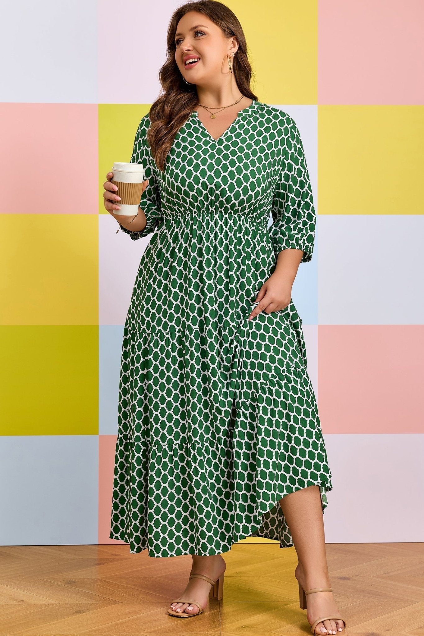 Green Plus Size Geometric Print Pocketed Ruffle Hem Casual Dress - Loving It Shop