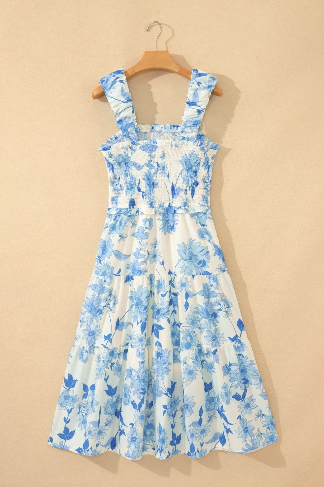 Sky Blue Ruffled Straps Smocked High Waist Floral Maxi Dress - Loving It Shop