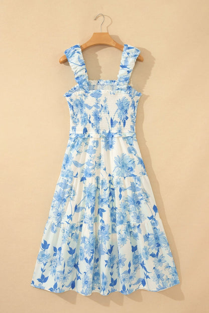 Sky Blue Ruffled Straps Smocked High Waist Floral Maxi Dress - Loving It Shop