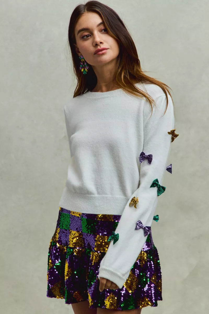 Mardi Gras Glitter Bow Ribbon Sweater Knit Top