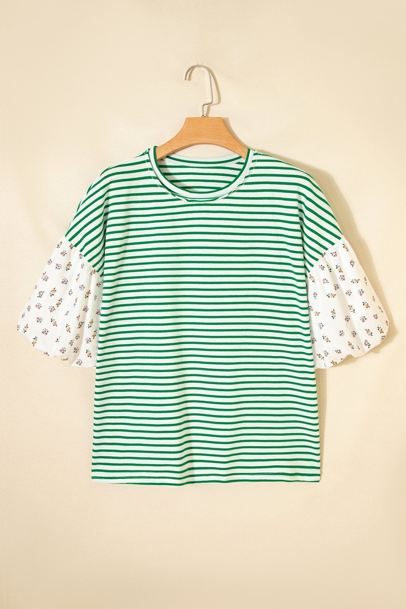 Green Stripe Floral Puff Sleeve Patchwork Round Neck Loose Top - Loving It Shop