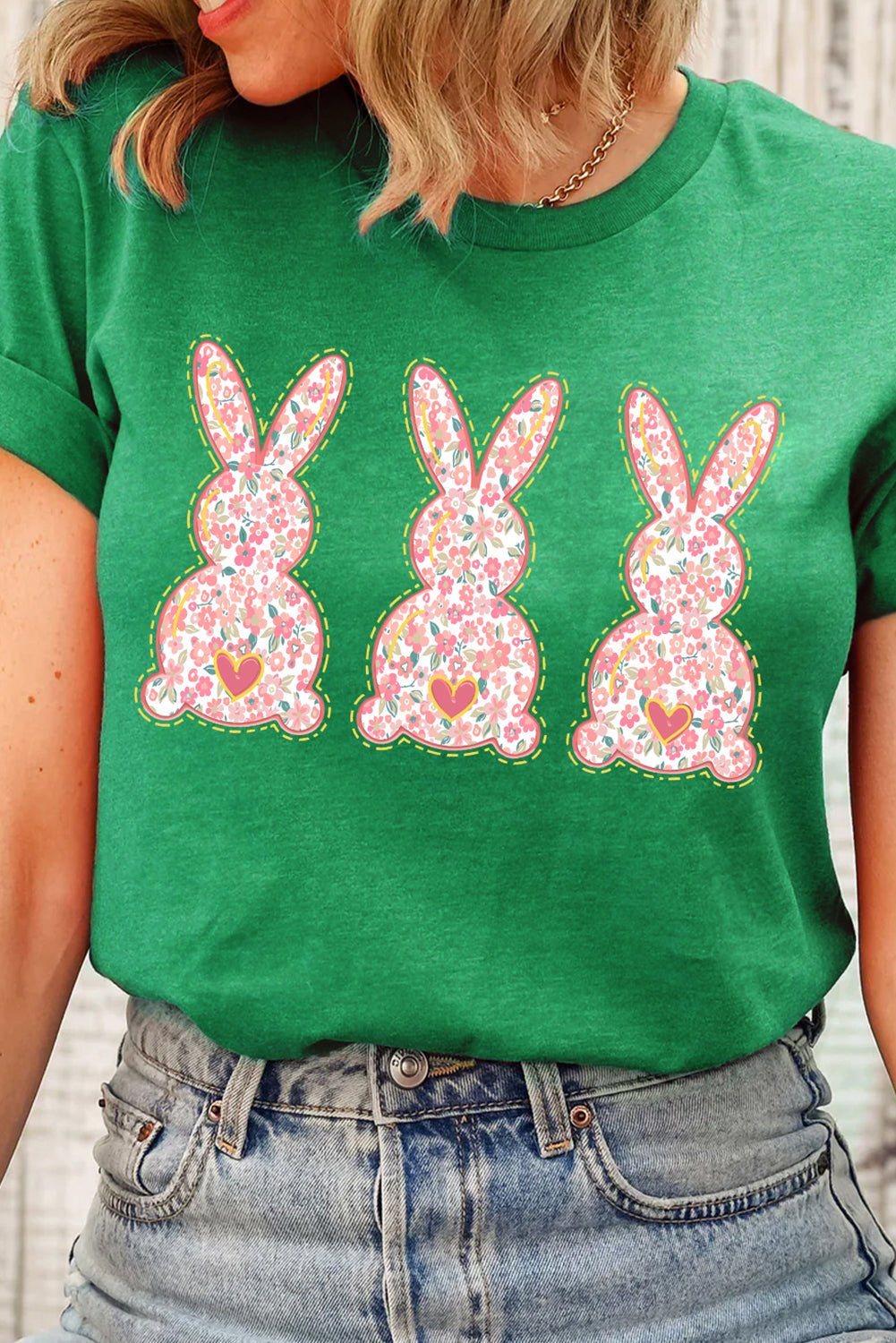 Bright Green Easter Floral Rabbit Print Crew Neck T Shirt - Loving It Shop