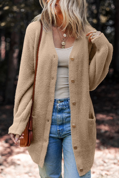 Smoke Gray Fuzzy Buttoned Front Midi Solid Cardigan