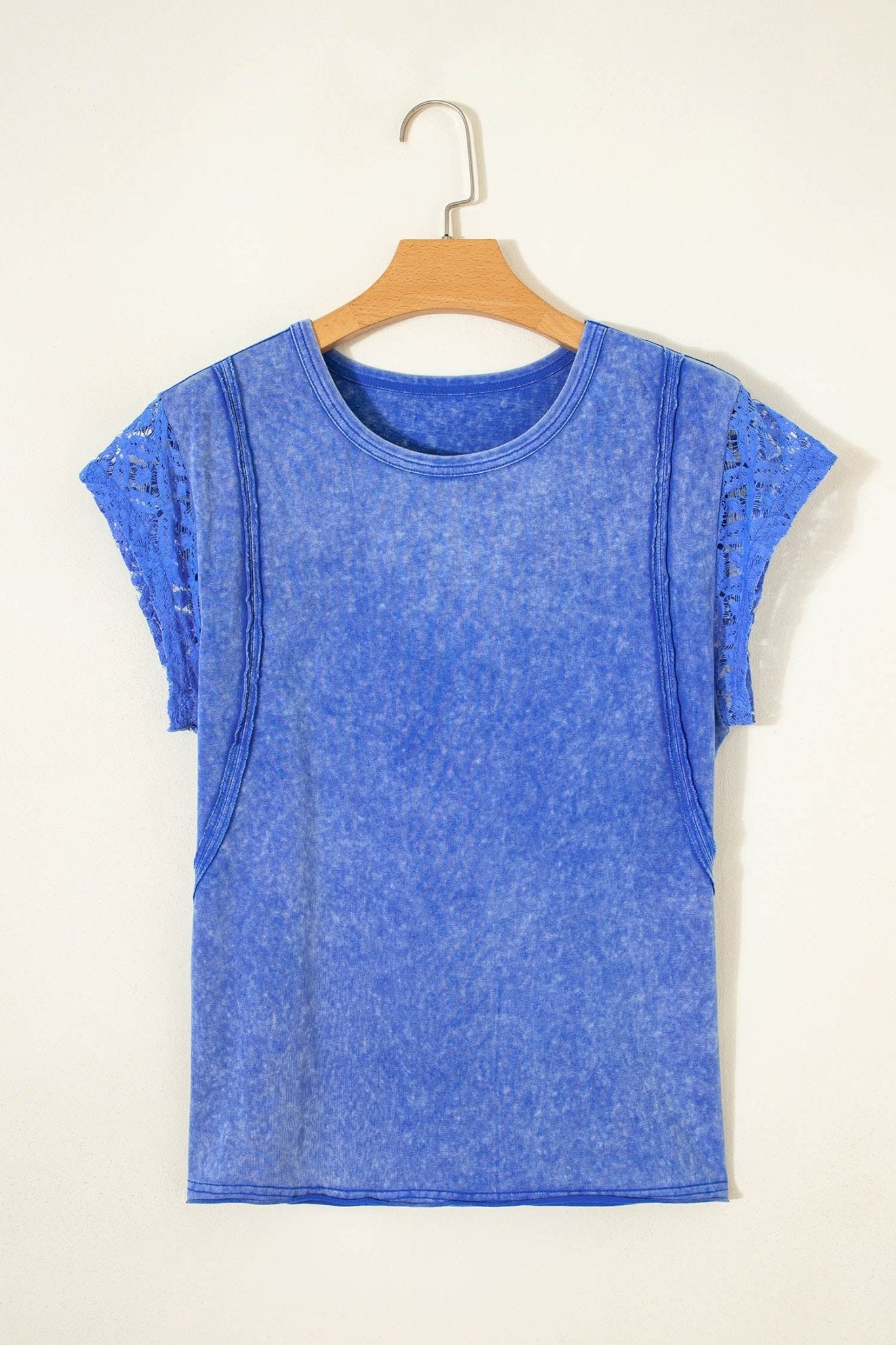 Sky Blue Mineral Wash Raw Seam Lace Sleeve Cotton Tee - Loving It Shop