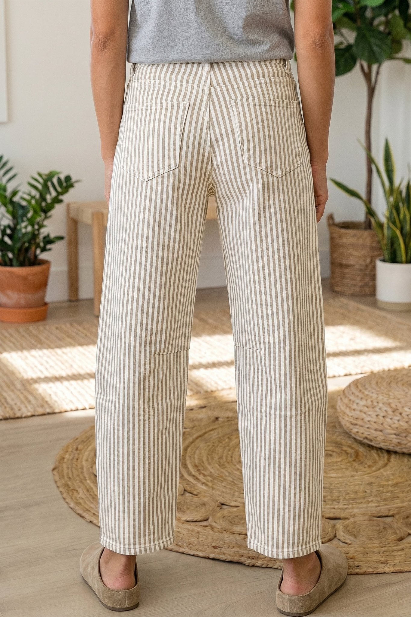 Khaki Stripe Casual Barrel Jeans - Loving It Shop