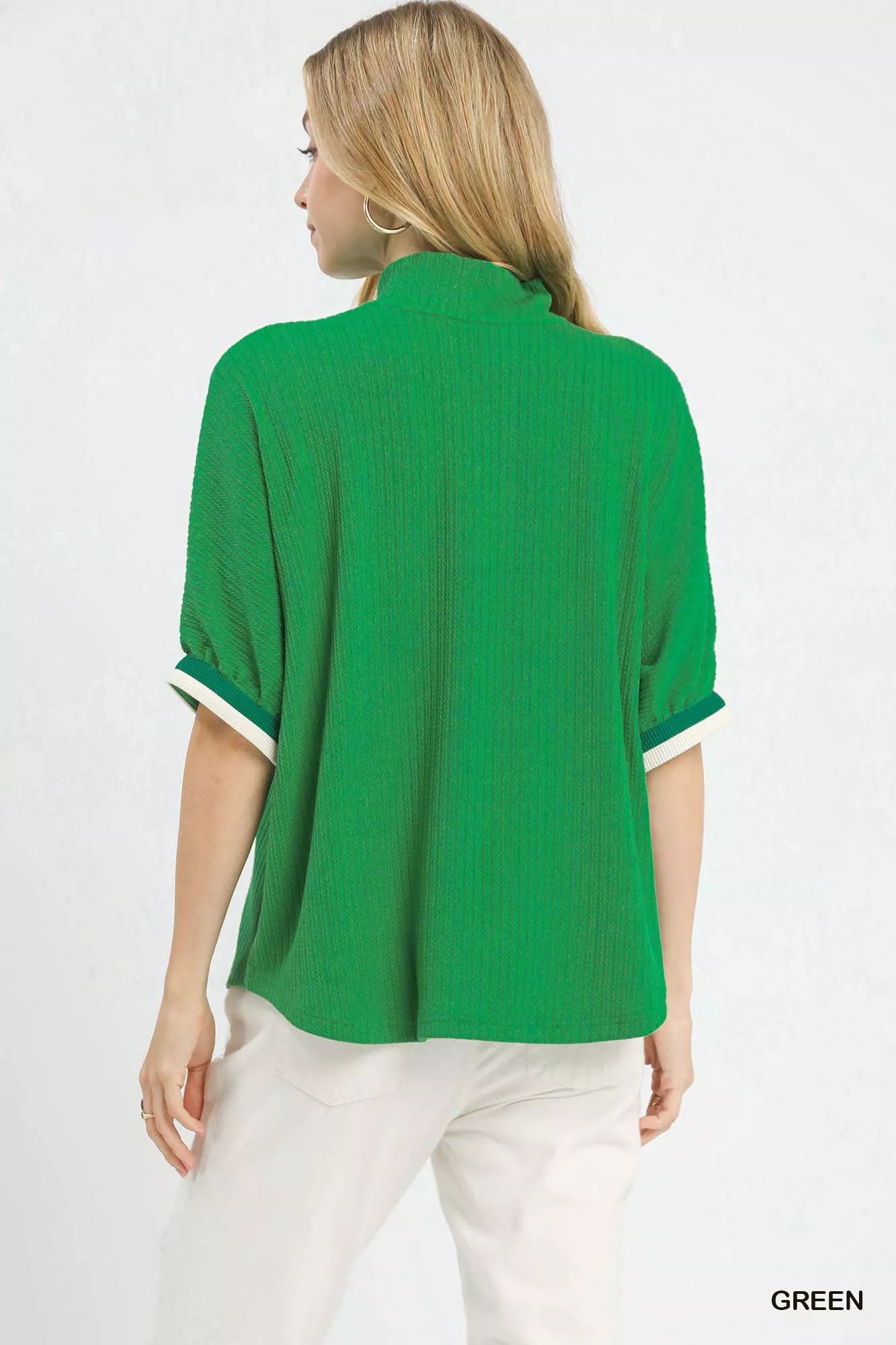 Textured Knit Top with Striped Contrast Trim